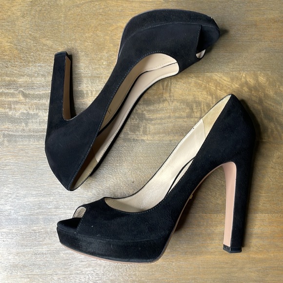 PRADA Black Suede Open Peep Toe Platform High Heel Pumps - Picture 4 of 16